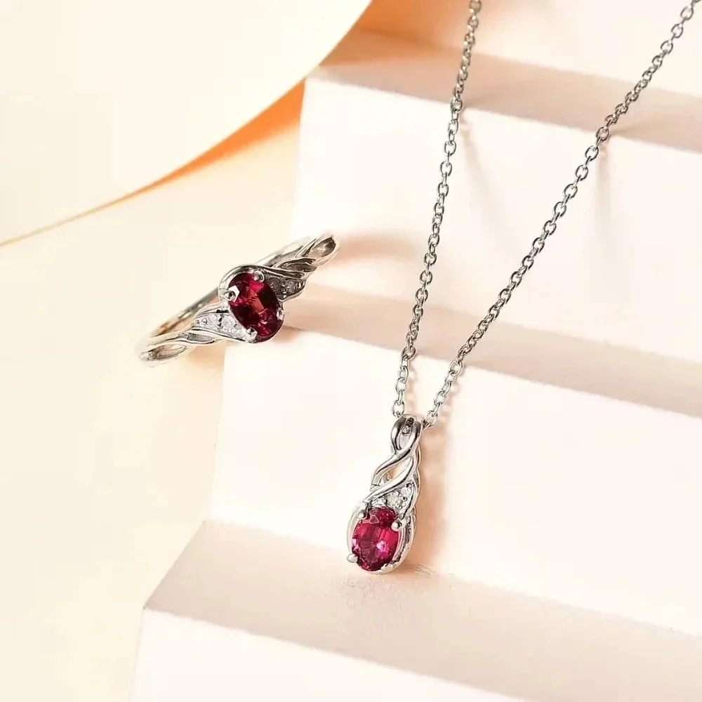 Ofiki Rubellite Diamond Ring (Size 9.0), Pendant Necklace (20 Inches) in 925